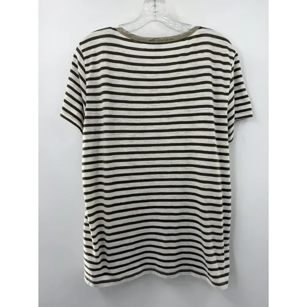 J. Crew Women’s Short Sleeve Striped Tee Olive Ivory Metallic Collar Size XL